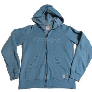 Carhartt Women's Full Zip Hoodie Blue Fleece Logo Spellout Size S Workwear